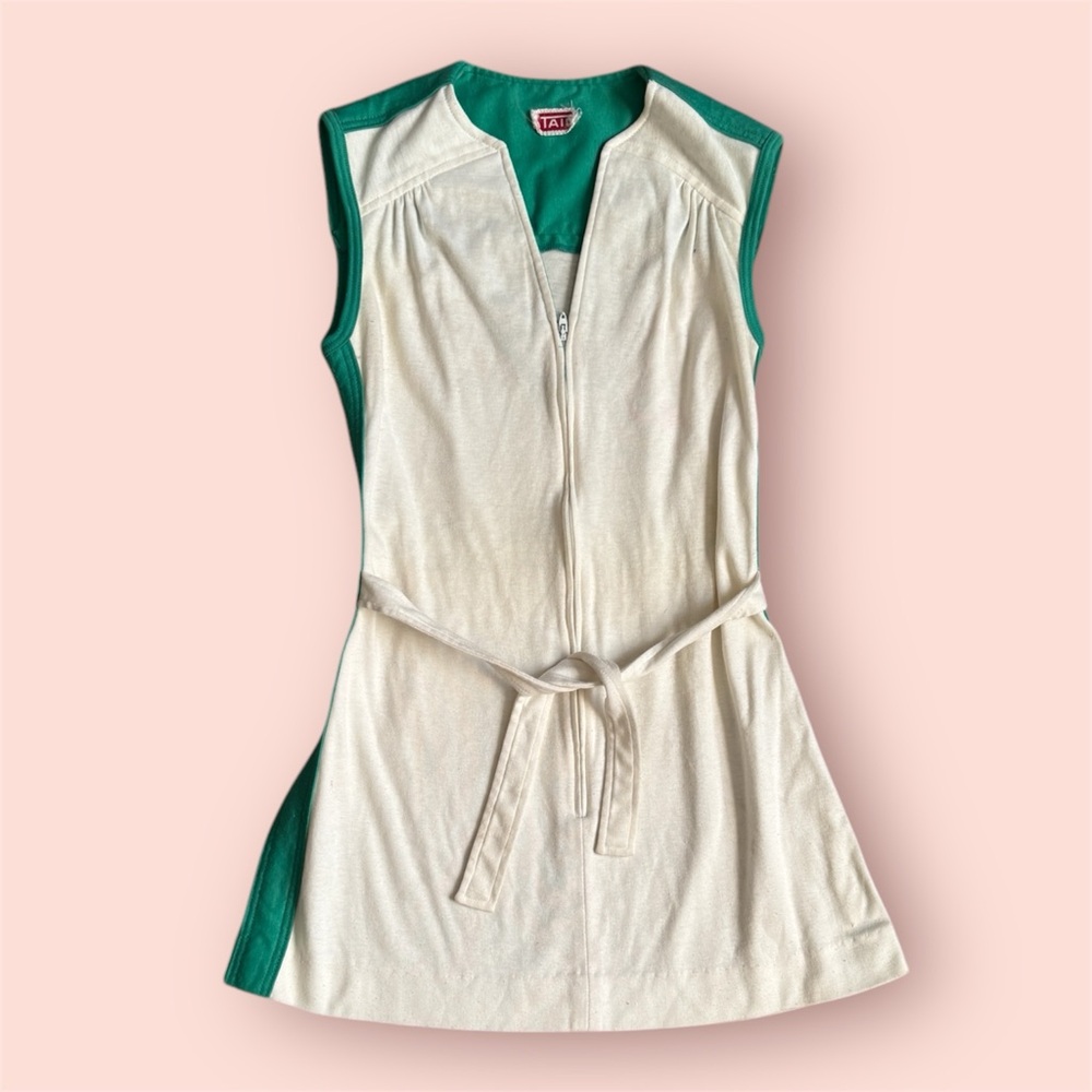 Vintage 1970s Women's Cream and Green Tennis Dress